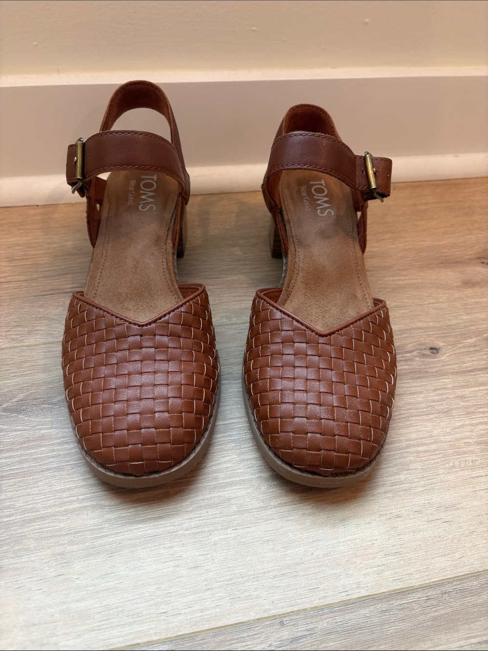 TOMS Brown Woven Leather Ankle-Strap Clogs